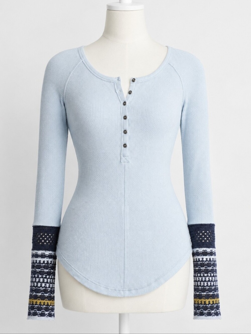 Free People Ski Lodge Cuff Thermal Henley Lake Blue Combo Sz Medium NWT (2019)